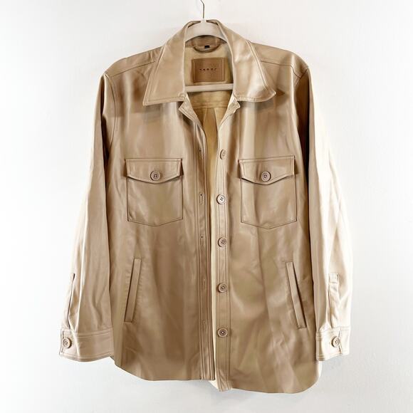 Blank NYC Faux Leather Long Sleeve Button-Front Shacket Tan Beige Small - Picture 3 of 5